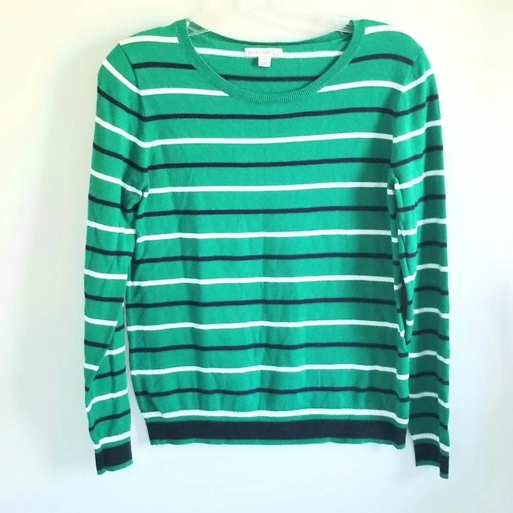 J. Crew Mercantile Green Stripe Cotton Sweater Crewneck